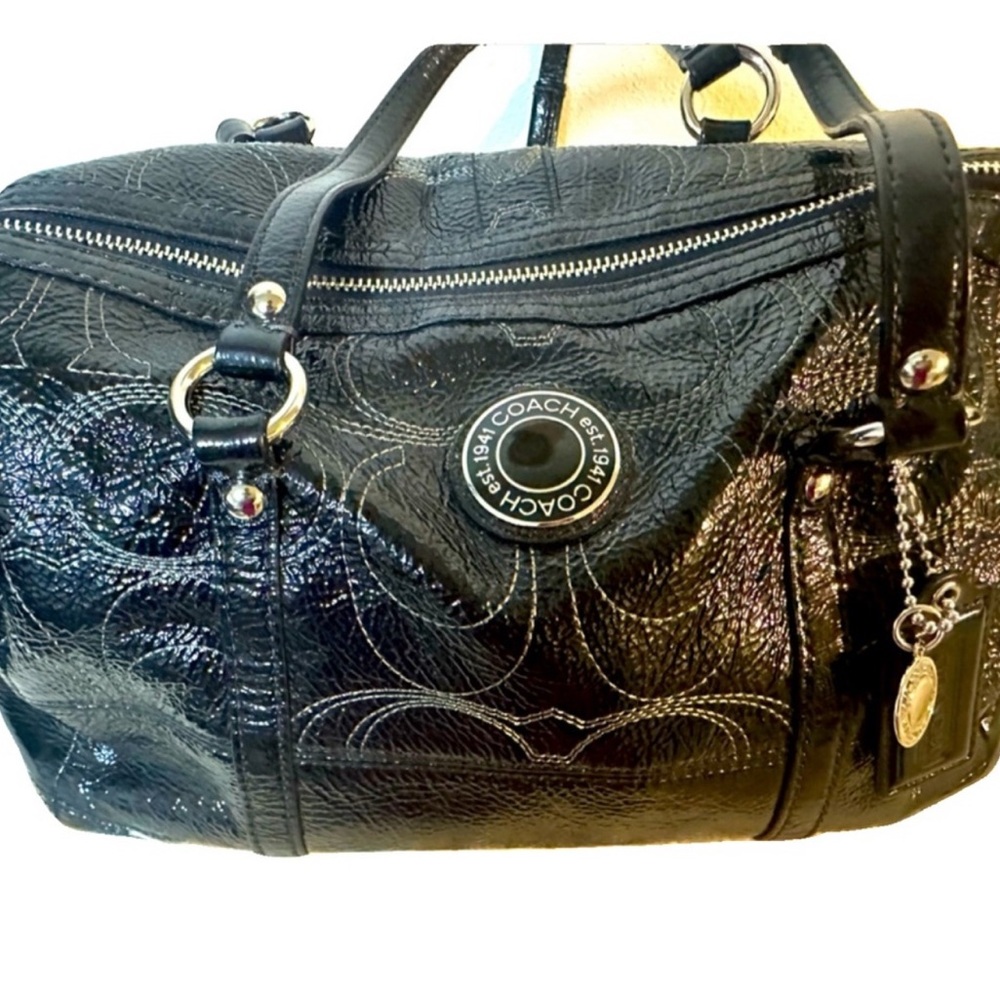 Coach Black Satchel with Decorative Stitching and Silver Hardware